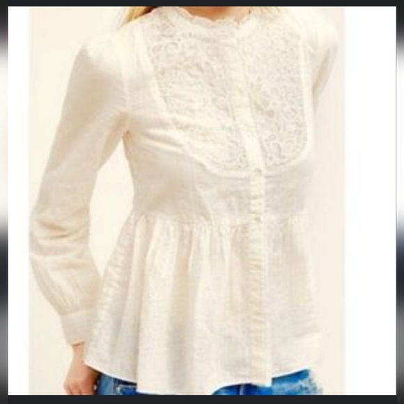 Anthropologie Floreat Womens Embroidered Lace Peplum Blouse Gold Thread  Size 10 - Picture 2 of 16